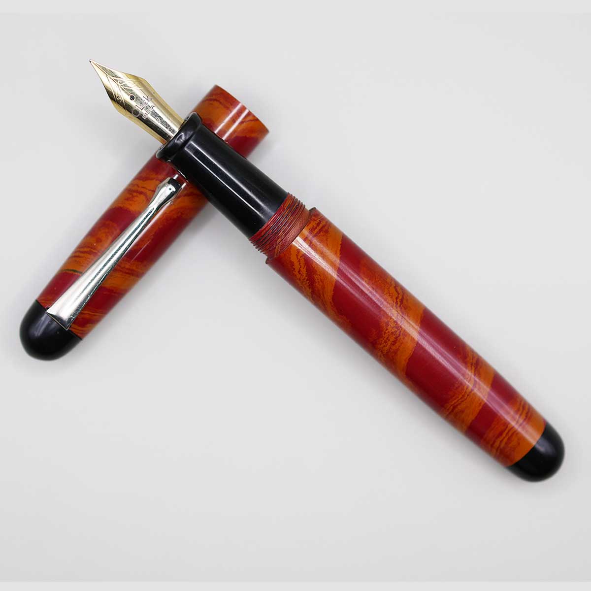 WOW Brand Model - 1003B Durga (துர்கா) Handmade Ebonite Pen Red and Orange Dual Color Ebonite Black Color Top and Bottom Finial, Black Color Section SKU 60005