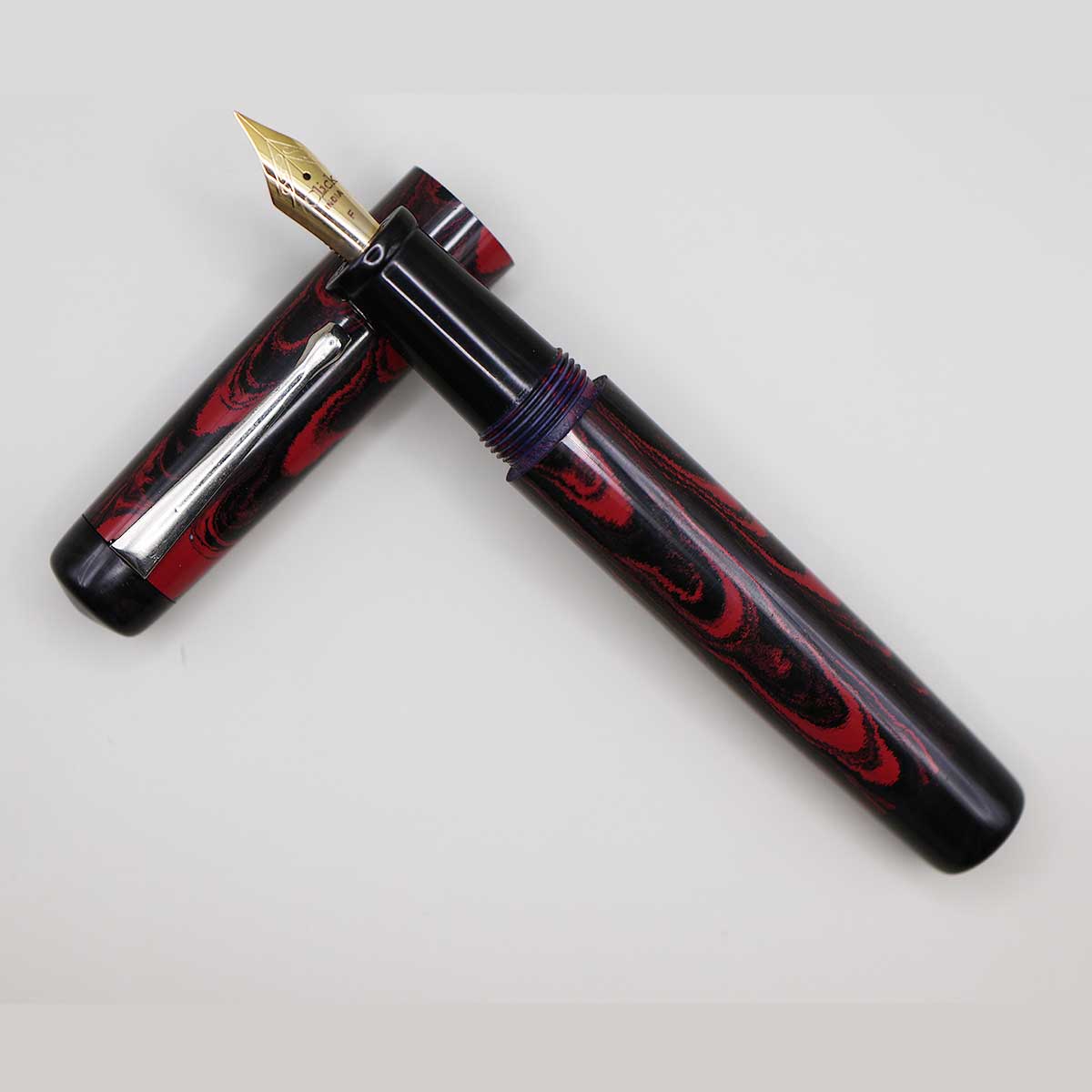 WOW Brand Model - 1007A Sandham (சந்தம்) Handmade Ebonite Pen Red and Black Color  Marble finish Body and Cap with Black Color Top and Bottom Finial, Black Color Section SKU 60007
