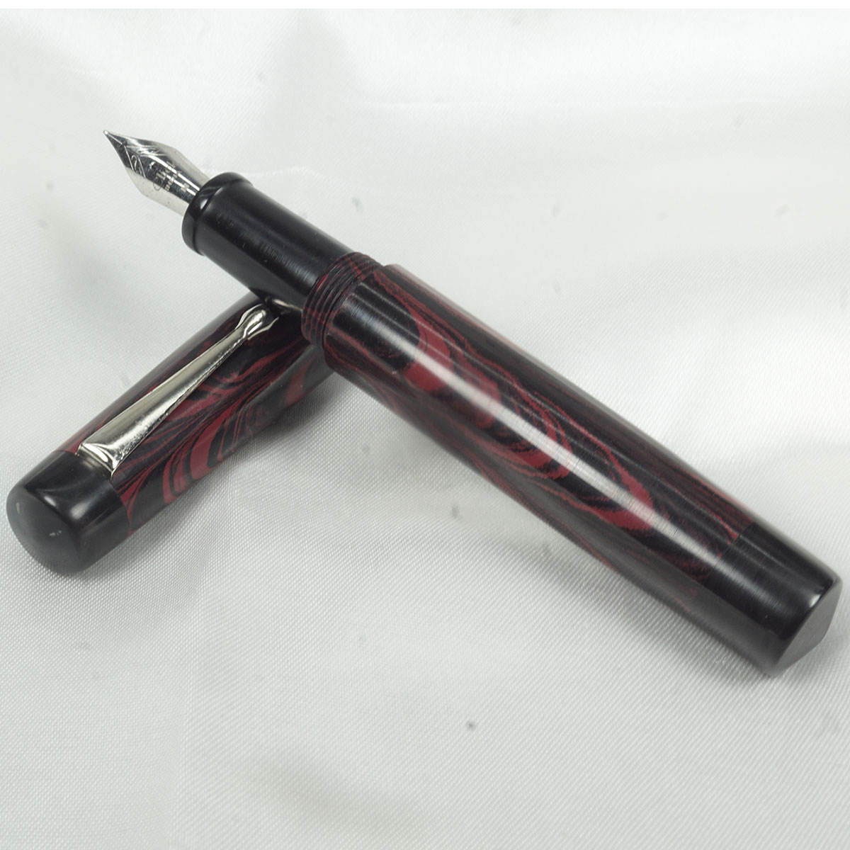 WOW Brand Model - 1007B Sandham (சந்தம்) Handmade Ebonite Pen Red and Black Color  Marble finish Body and Cap with Black Color Top and Bottom Finial, Black Color Section SKU 60010