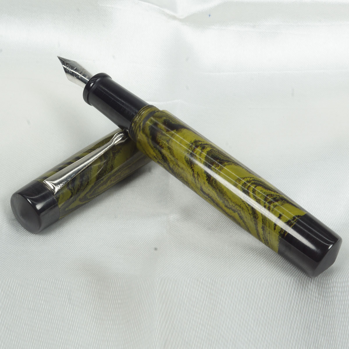 WOW Brand Model - 1007B Sandham (சந்தம்) Handmade Ebonite Pen Yellow and Black Color  Marble finish Body and Cap with Black Color Top and Bottom Finial, Black Color Section SKU 60011
