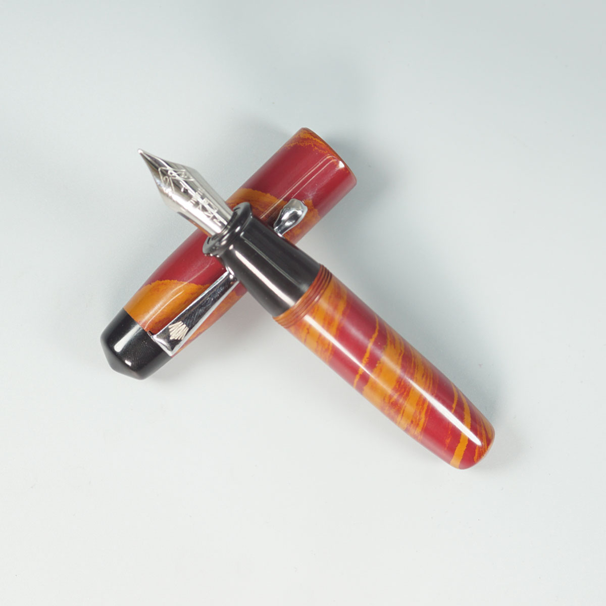 Wow Brand Model-1011A Kural (குறள்) Handmade Ebonite Pocket Pen with Orange and Red Color Marble finish Body and Cap With Black Color Top Finial, Black Color Section Eyedropper Model Fountain Pen Kanwrite Jowo compatible Thread SKU 60022