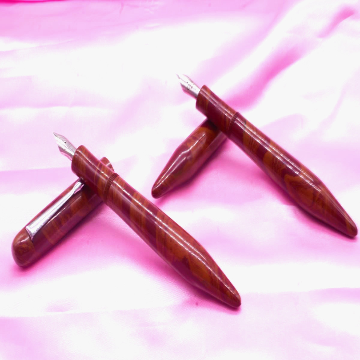 WOW Brand Model-1012C Thamboora (தம்பூரா) 16/16mm King and Queen  Pair Dark Brown and Orange Body and Cap Fine and Medium Nib Options Eyedropper Model Fountain Pen  SKU 60069