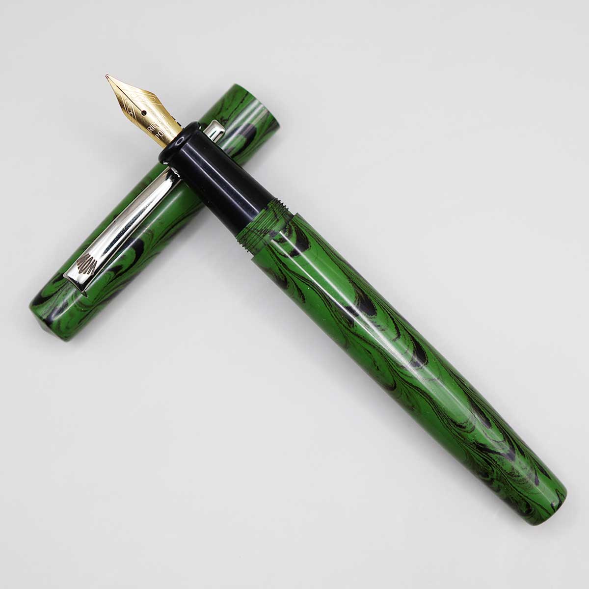 WOW Brand Model-1033A Nayam நயம் Handmade Ebonite Green and Black Color Body and Cap No.5.5 Fine Tipped Eye Dropper Model Fountain Pen SKU 60119