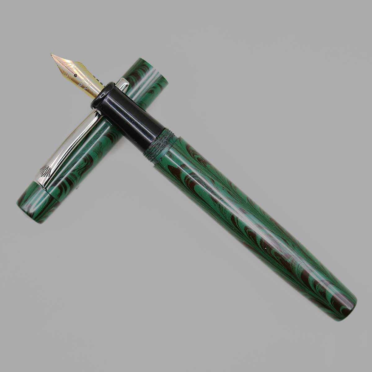 WOW Brand Model-1033A Nayam நயம் Handmade Ebonite Dark Green and Black Color Marble Finish Body and Cap No.5.5 Fine Tipped Eye Dropper Model Fountain Pen SKU 60123