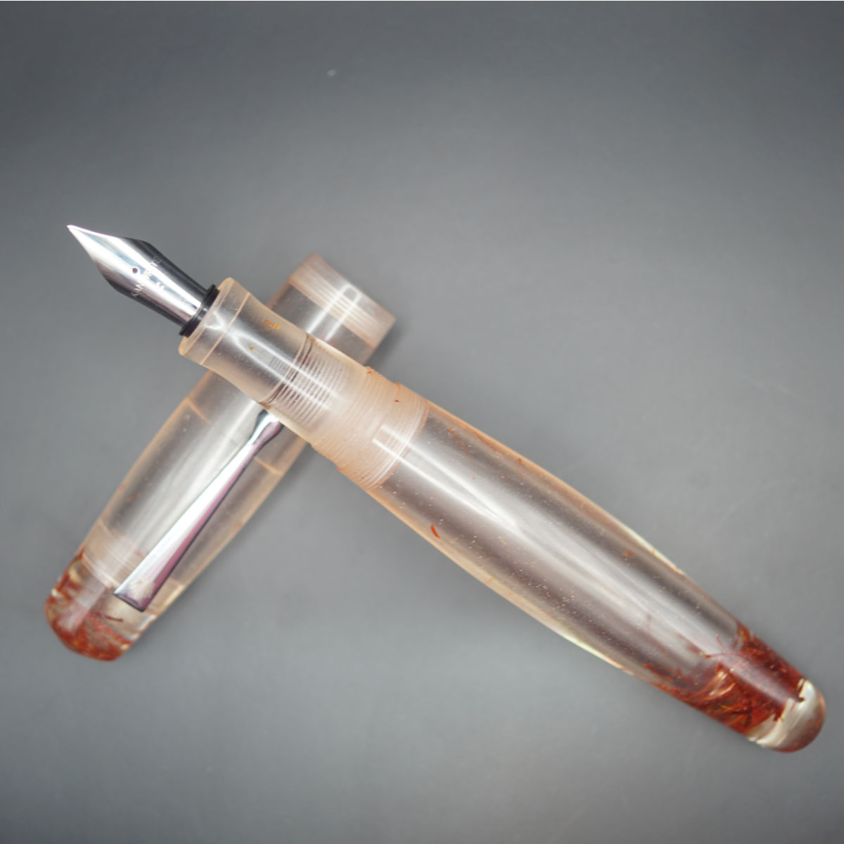 WOW Brand Model-1046A Sindoor சிந்தூர் Handmade Resin 20/20MM Top and Bottom Saffron Design Body and Cap With Silver Clip Silver Clip Eyedropper Plus Cartridge And Converter Type Fountain Pen with Kanwrite Jowo Thread Nib SKU 60132