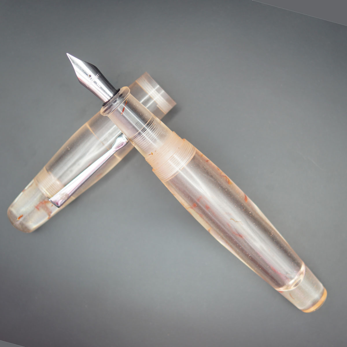 WOW Brand Model-1018B Thoovanam தூவானம் Sindoor சிந்தூர் Handmade Resin 20/20MM Light Saffron Design Body and Cap With Silver Clip Silver Clip Eyedropper Plus Cartridge And Converter Type Fountain Pen with Kanwrite Jowo Thread Nib SKU 60133