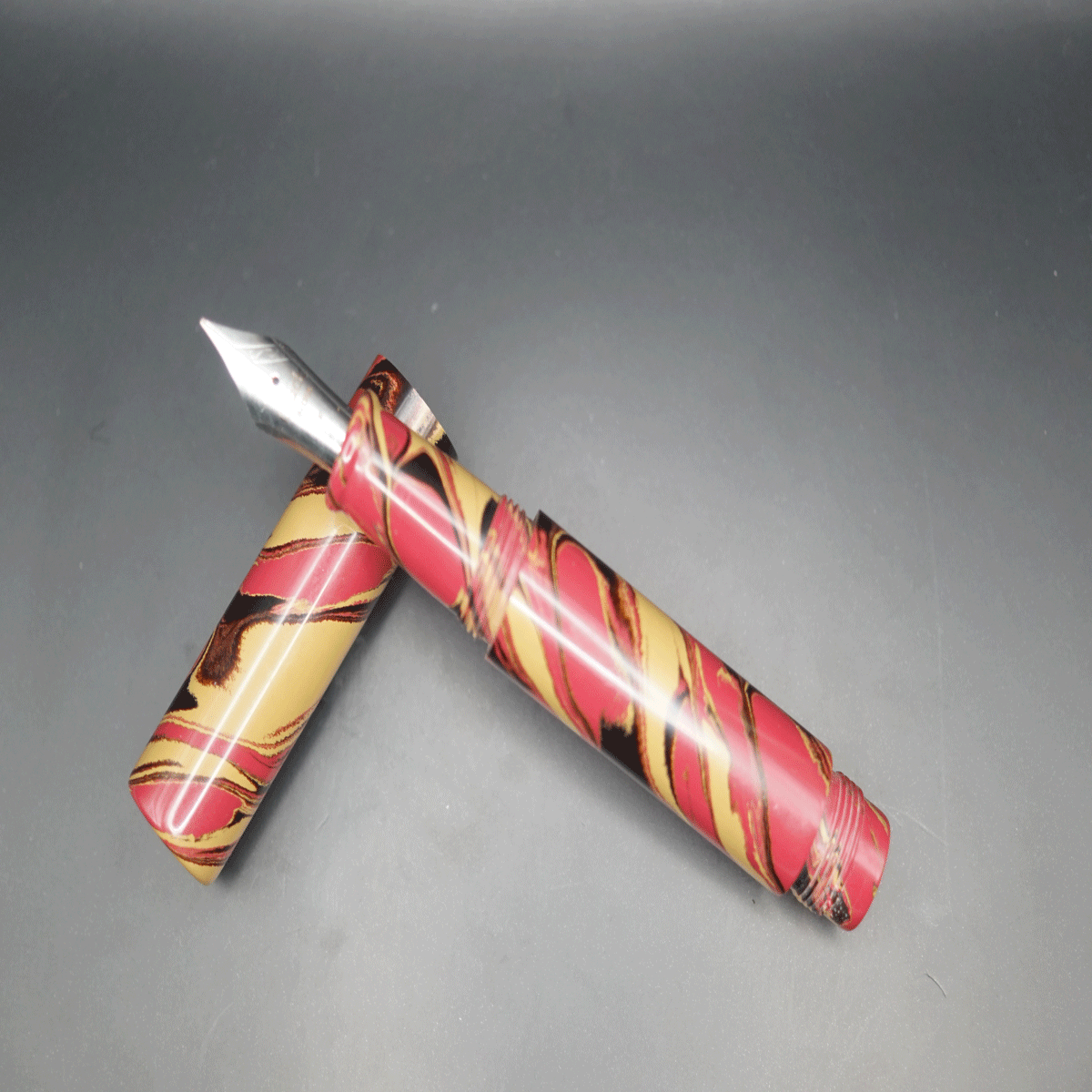 WOW Brand Model-1038A Chota Master சோட்டா மாஸ்டர் 16/16mm Ruby Red Beige and Black Color Body and Cap Eyedropper Model Fountain Pen Click Thread SKU 60187