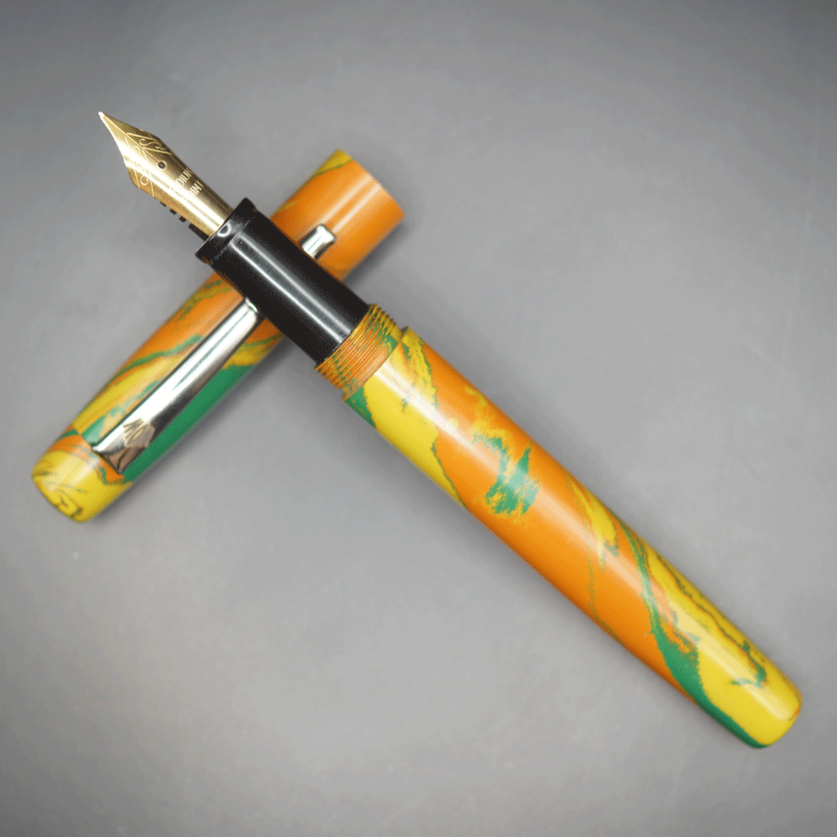WOW Brand Model-1033A Nayam நயம் Handmade Ebonite  Orange Green And Yellow Color Body and Cap No.5.5 Fine Tipped Eye Dropper Model Fountain Pen 60190