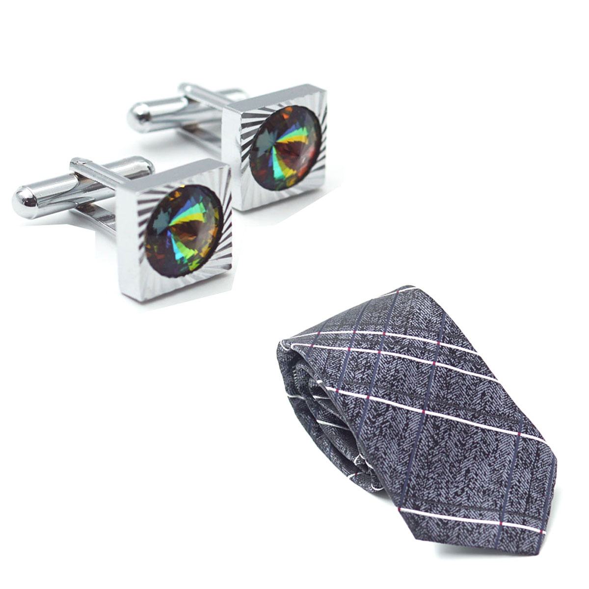 penhouse.in Premium Grey Color Medium Mens Tie Silver With Multi Color Stone Cufflinks SKU 51766