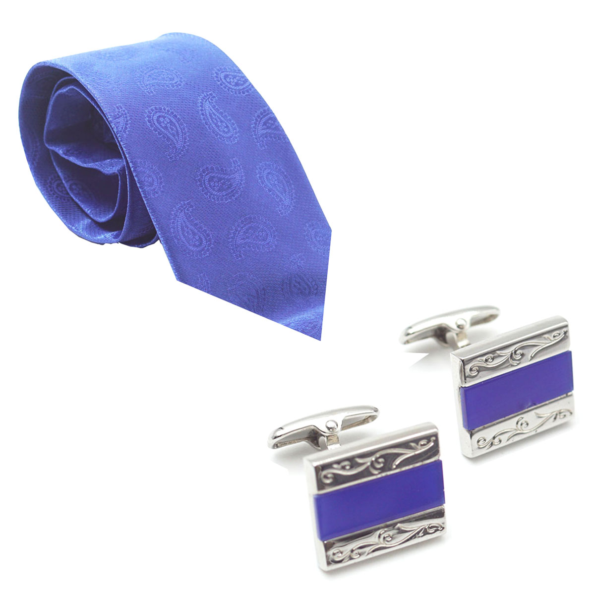 penhouse.in Premium Blue Color Medium Mens Tie Silver With Blue Color Cufflinks SKU 51767