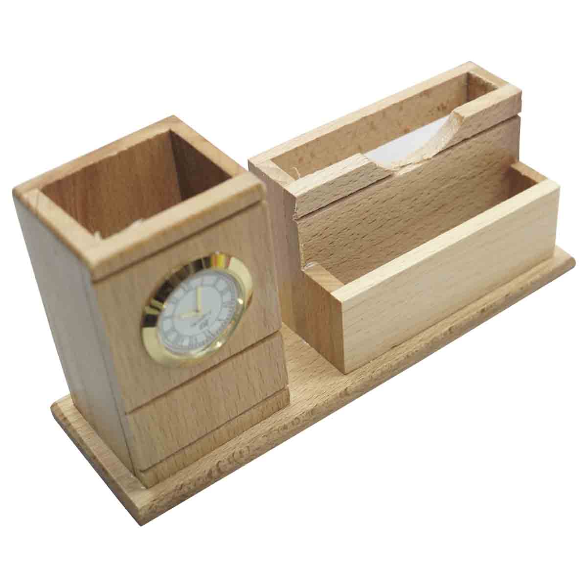 penhouse.in Card Holder clock and Pen holder wooden stand with customization SKU - 87132