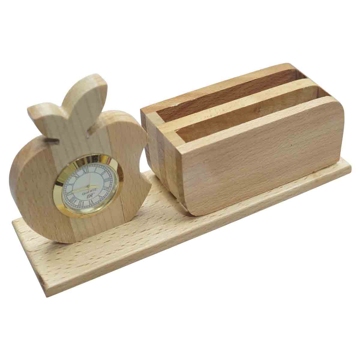 penhouse.in Apple Clock and Visiting Card Holder wooden stand with customization SKU - 87133