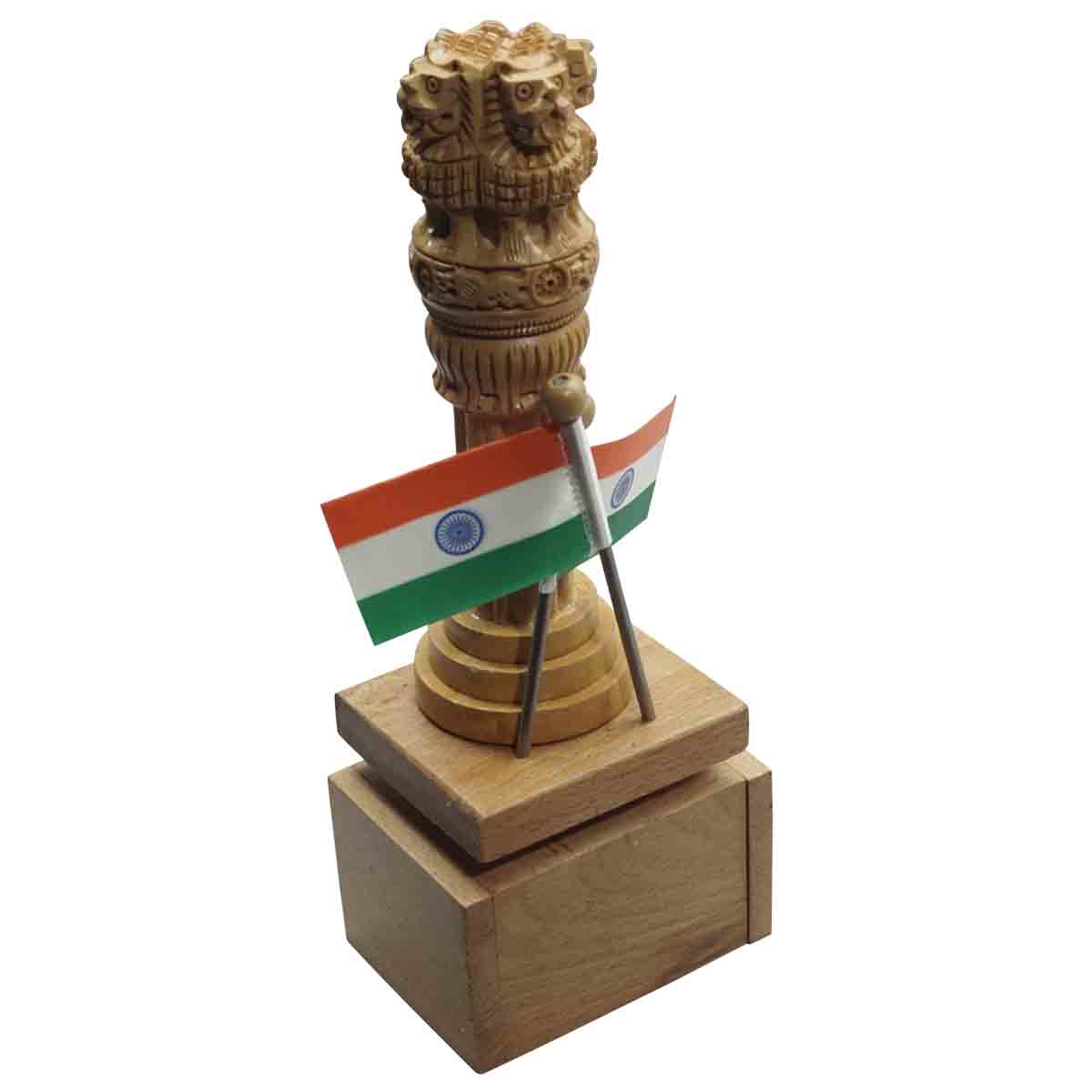 penhouse.in Ashok Pillar Wooden Stand Double Indian Flag with Customization SKU - 87144