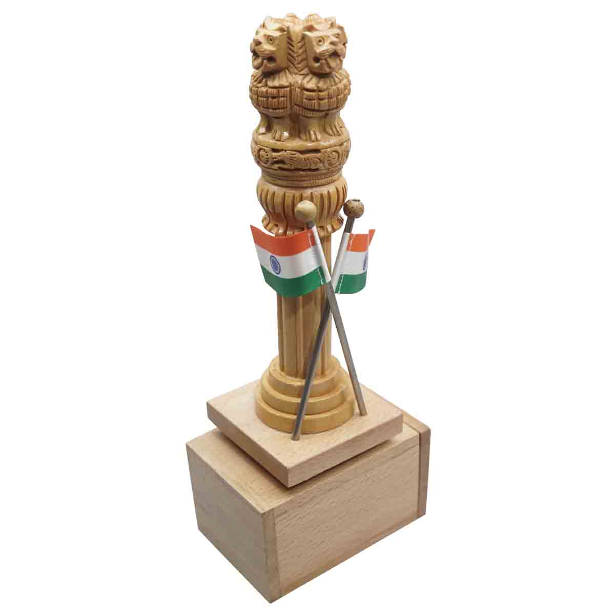 penhouse.in Ashok Pillar Wooden Statue and Double Indian Flag with Customization SKU - 87150