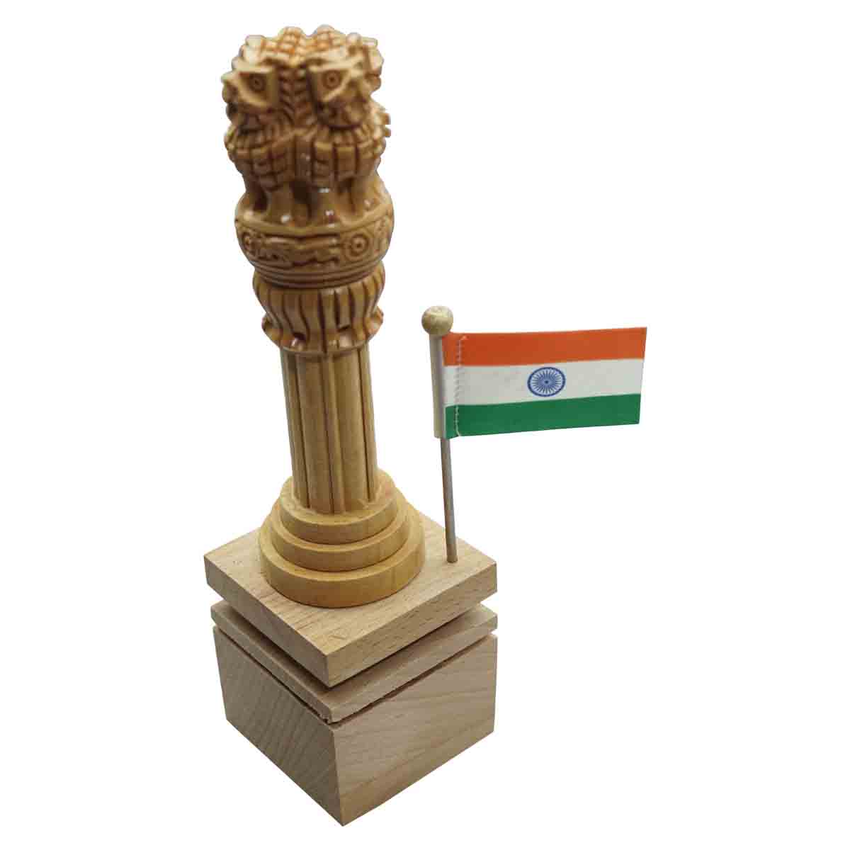 penhouse.in Ashok Pillar 26.5 cm Wooden Statue and Single Indian Flag with Customization SKU - 87152