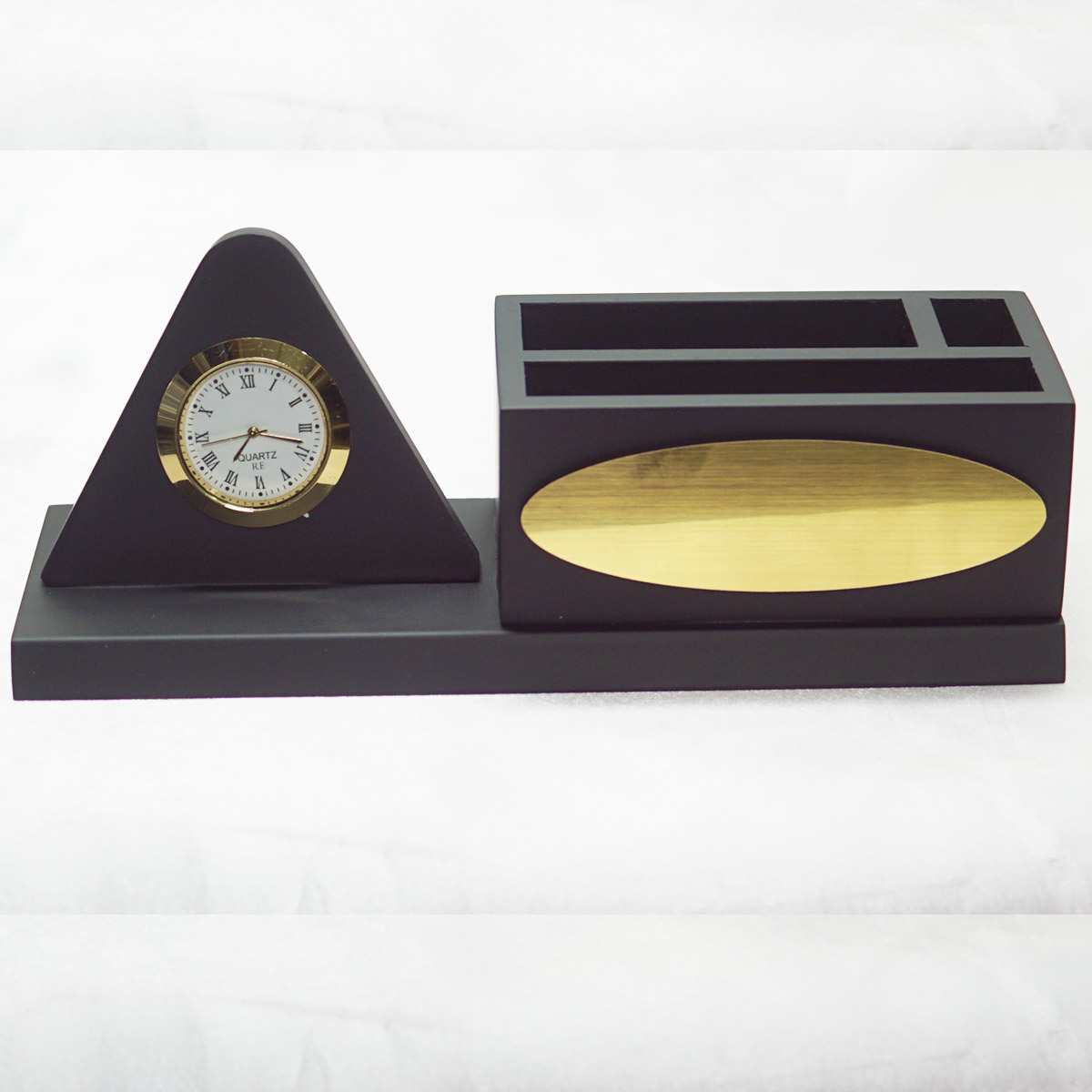 penhouse.in Customized Plastic Triangular Shape Design Pen Stand With Clock And Holder SKU 87168