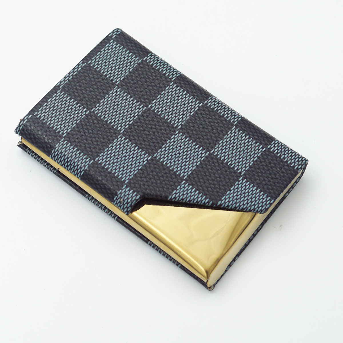 penhouse.in Black With Blue Color Checked Design With Gold Metal Card Holder SKU 87193