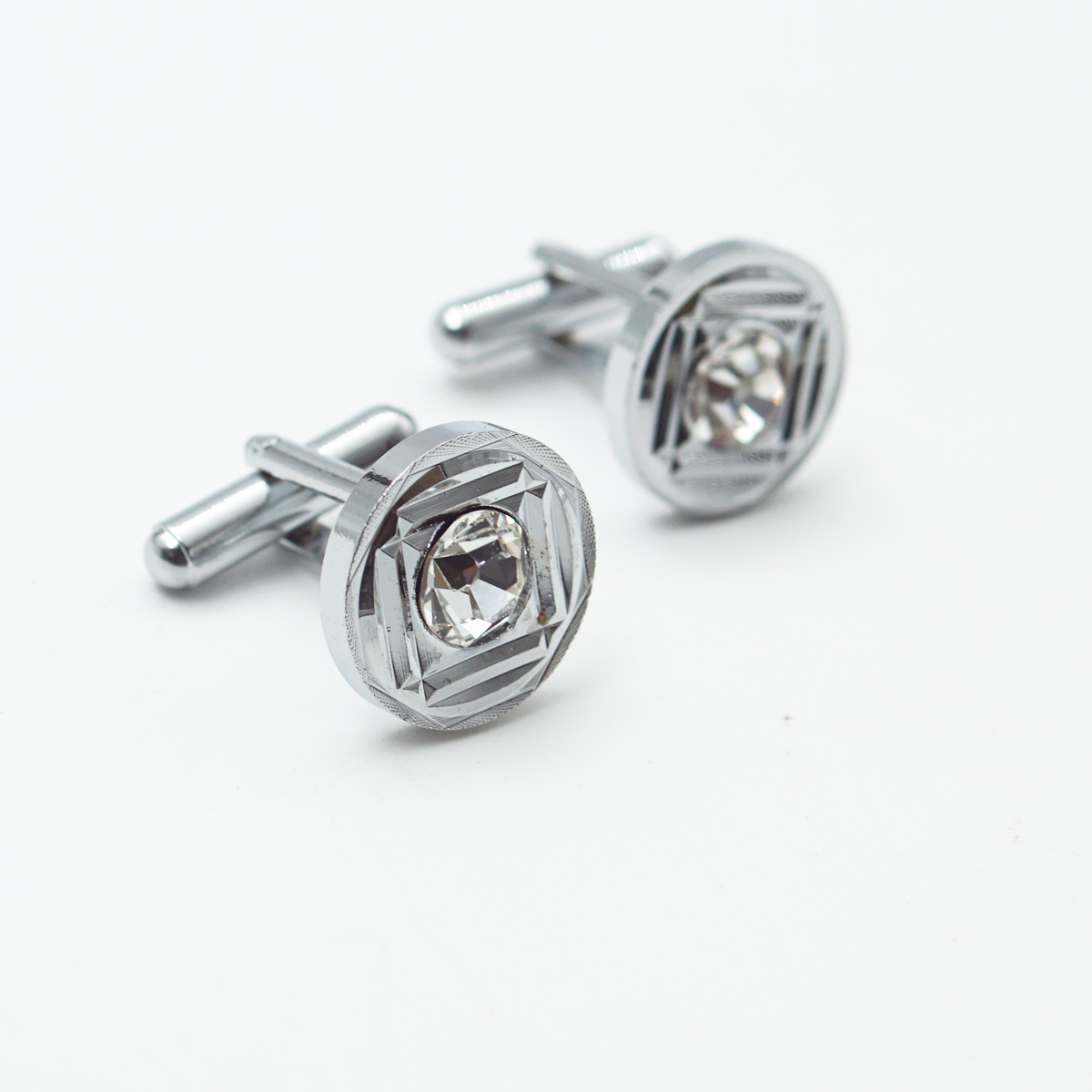 penhose.in Silver With Circle White Stone Cufflinks For Men SKU 87336