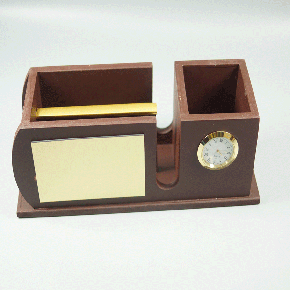 penhouse.in  Front and Back Personalized Engraved Dark Brown Wooden Clock Card Holder Pen Stand  SKU 87437