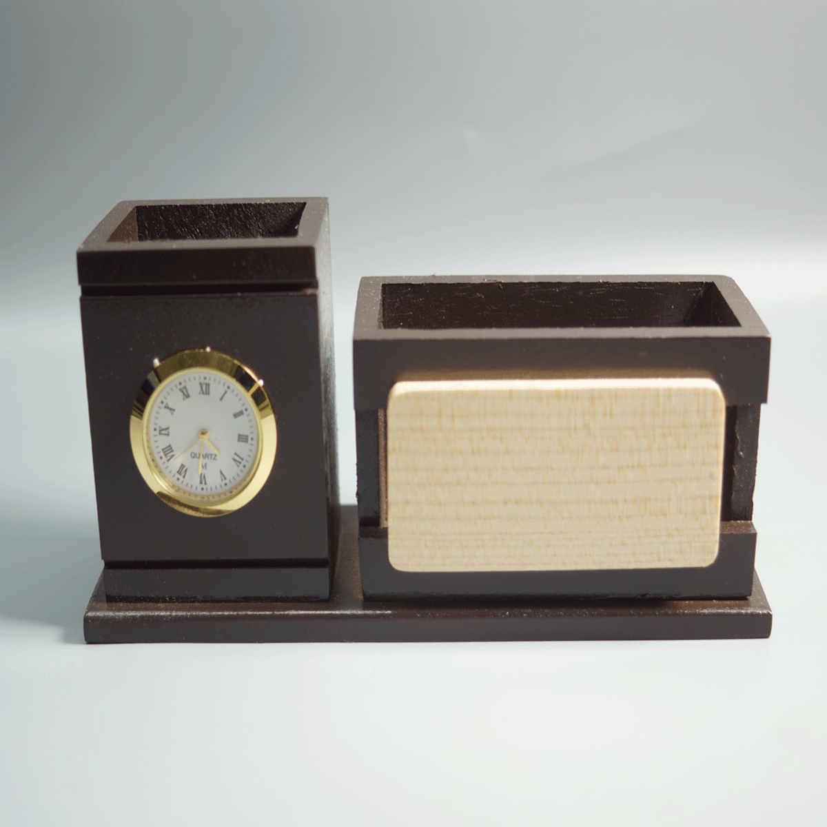 penhouse.in Wooden Dark Brown Color Clock Card Holder and Pen Stand SKU 87446
