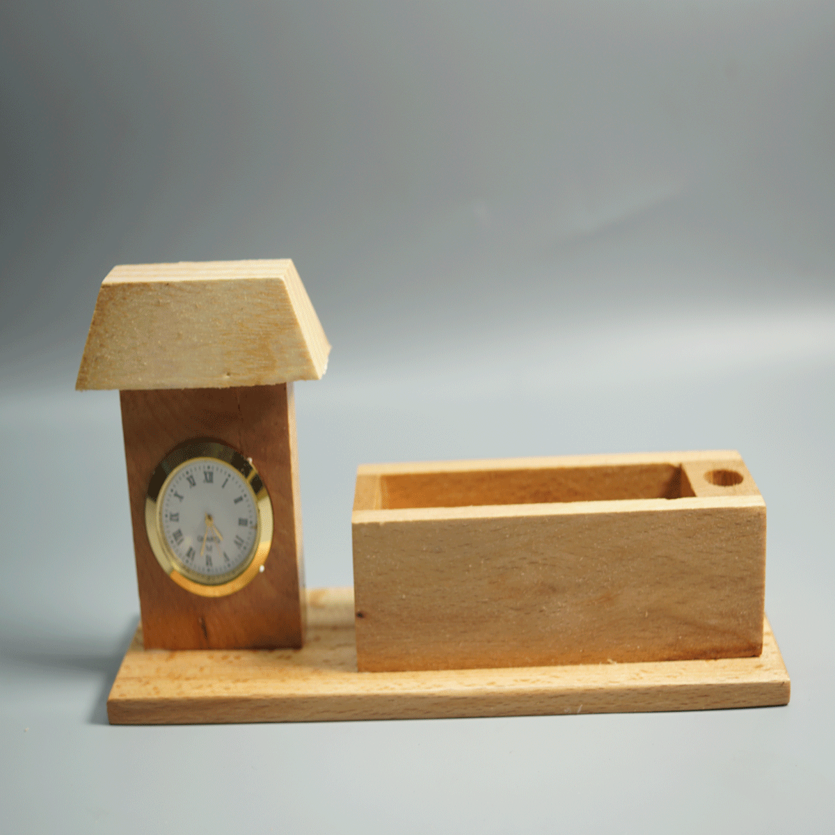 penhouse.in Wooden Color Clock and Visting Card Holder Pen Stand SKU 87450