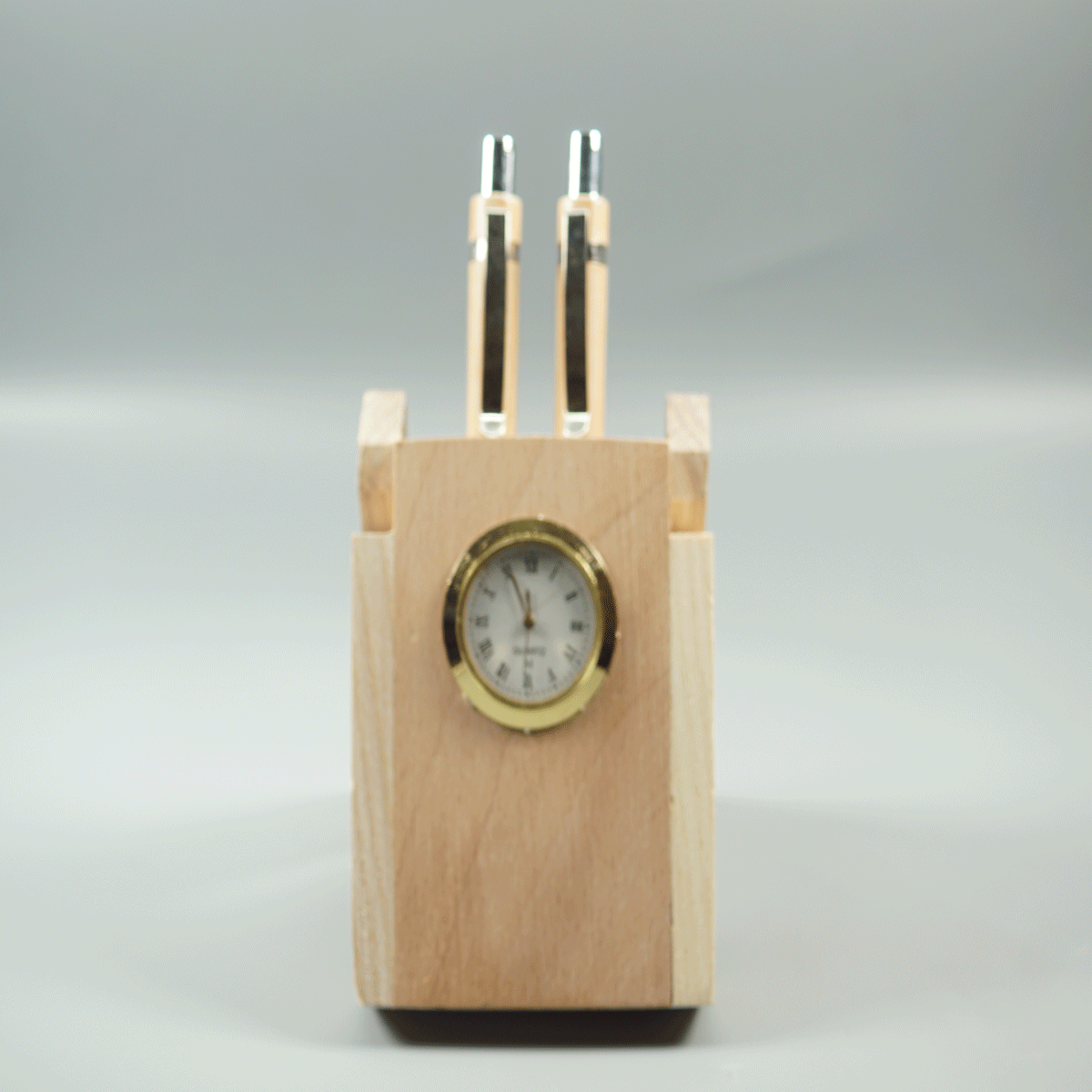 penhouse.in Wooden Stand with Clock  Two Pen  Holder Stand with Retractable Ball Pen SKU 87452