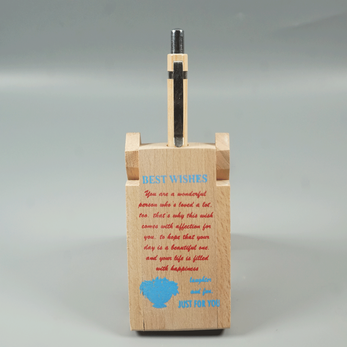 penhouse.in Wooden Best Wishes Single Pen Stand with Retractable Ball Pen SKU 87455