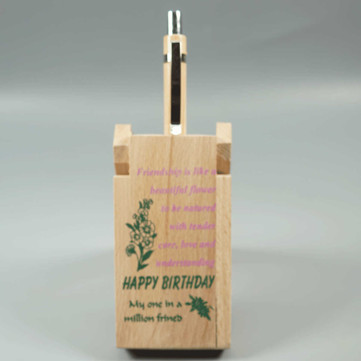 penhouse.in Wooden Happy Birthday Single Pen Stand with Retractable Ball Pen SKU 87456