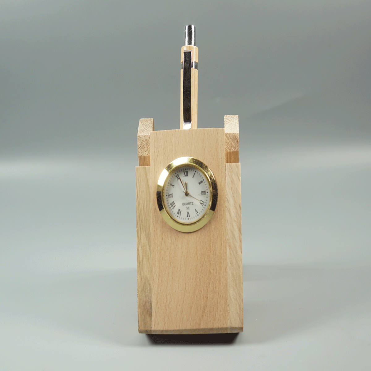 penhouse.in Wooden Stand with Clock Single Pen Holder Stand with Retractable Ball Pen SKU 87458