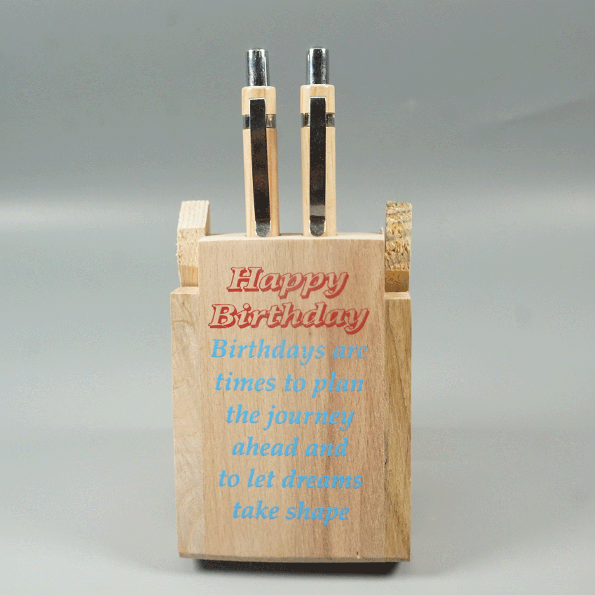 penhouse.in Wooden Happy Birthday Two Pen Stand with Retractable Ball Pen SKU 87459
