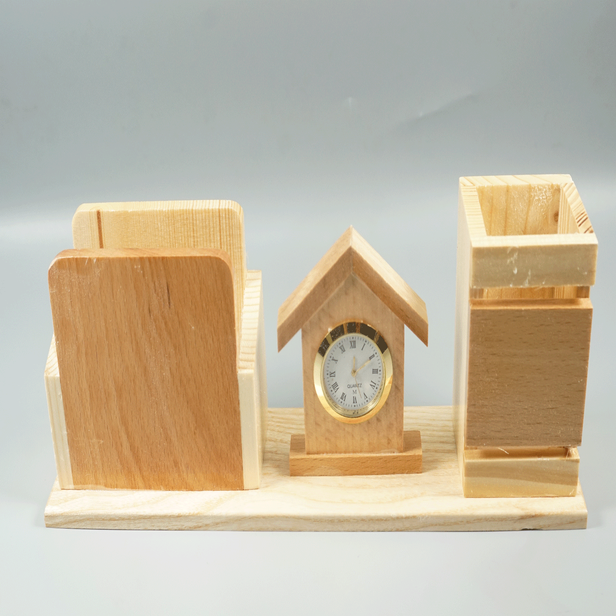 penhouse.in Wooden Mobile Stand with Clock and Pen Stand SKU 87463