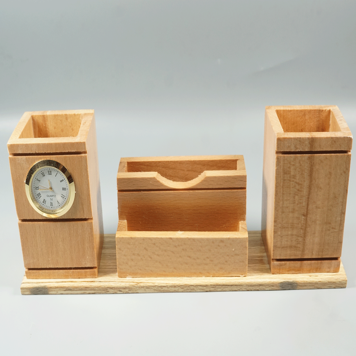 penhouse.in Wooden Clock Pen Stand with Card Holder and pen Stand SKU 87465