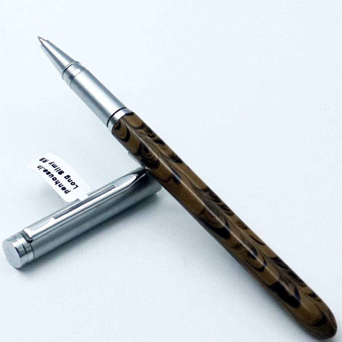 penhouse.in Handmade Long Slimy Brown With Black Color Ebonite Body With Round Bottom Silver Cap Medium Tip Roller Ball Pen SKU 95023