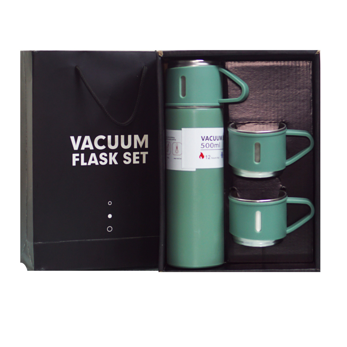 penhouse.in Green Color  Steel Vacuum Flask 500ml With 3 Steel Cup Combo SKU 96509