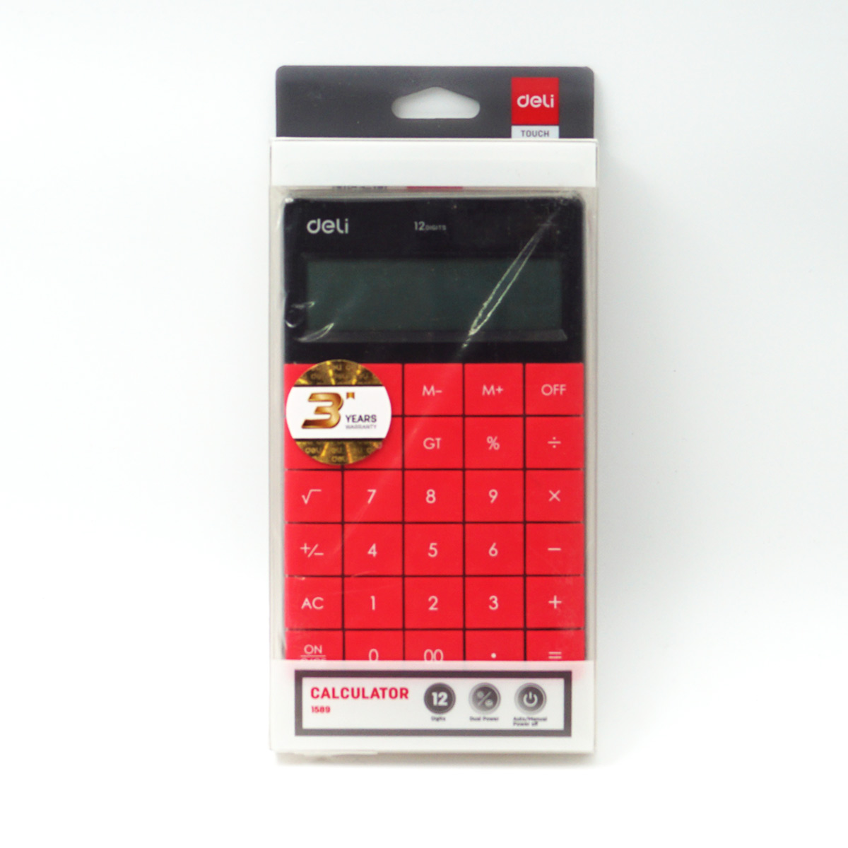 Deli 1589 Touch 12 Digits  Red Color Calculator  SKU 96674