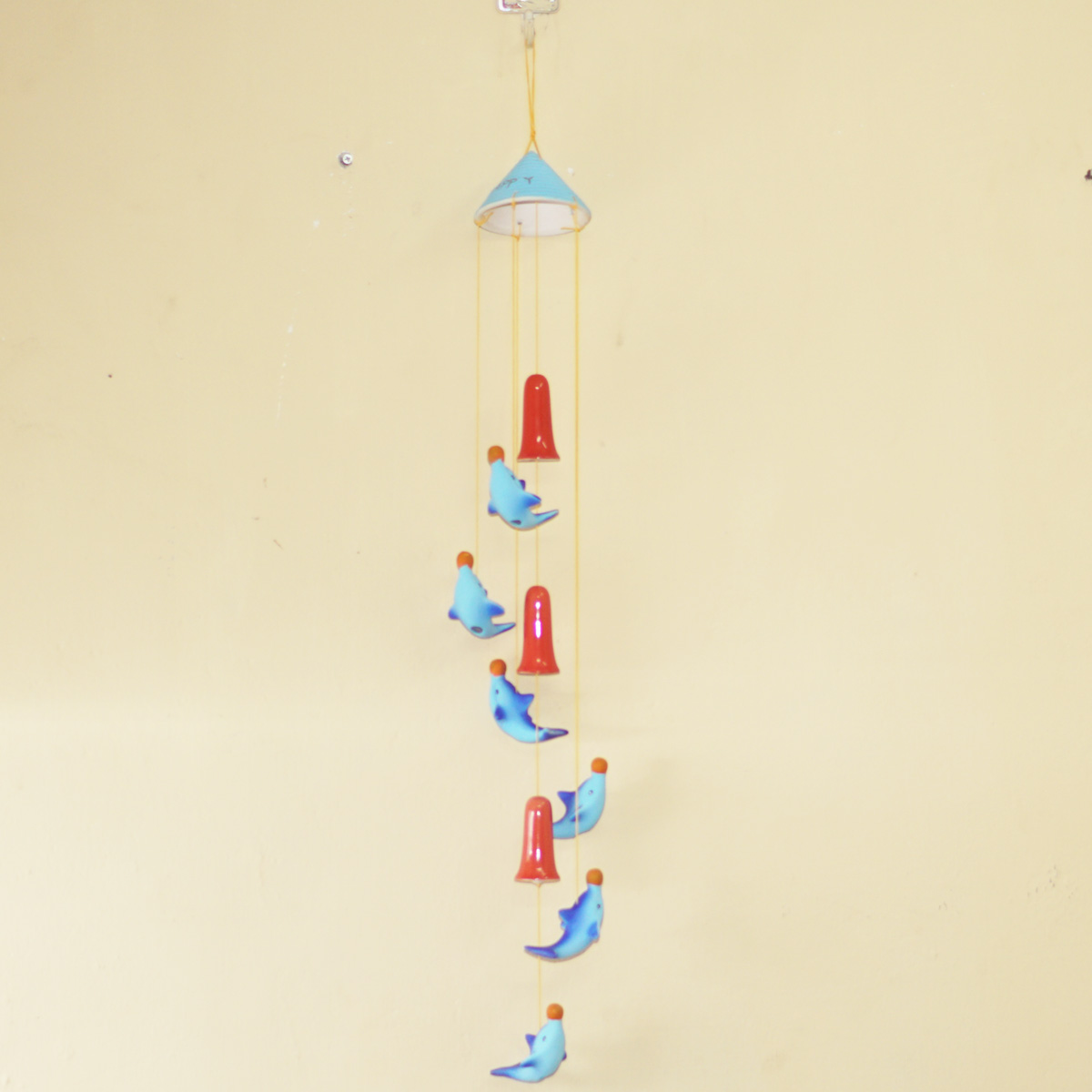 penhouse.in 6 Blue Dolphin Design  And Orange Color Ceramic Bell Wall Hanging Ringing Bells Sound Generate Positive Happy Vibes  SKU 96758