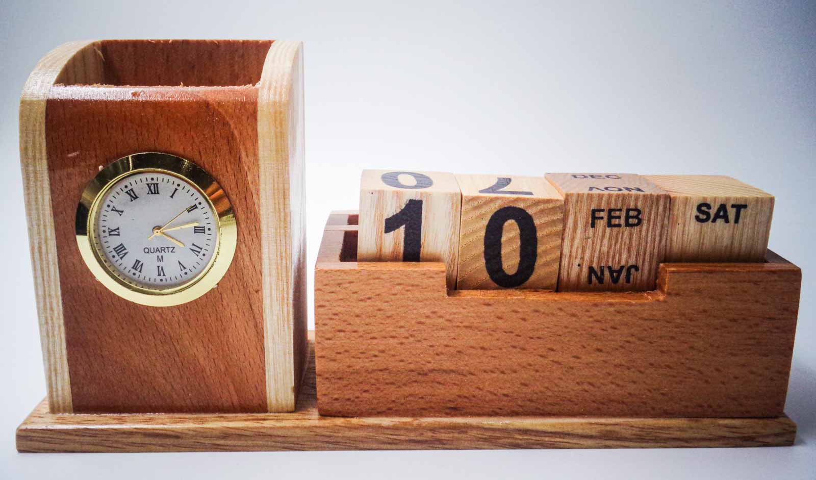  Wooden  Customized Pen Stand And Card Holder With Clock  SKU 96862