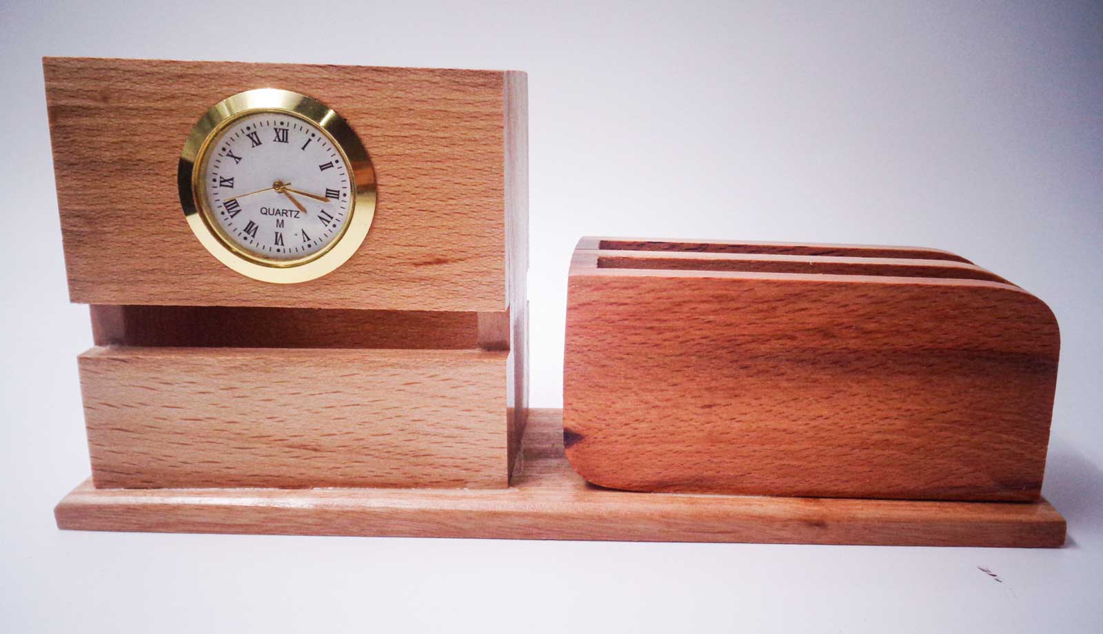 Wooden Customized pen Stand And Card Holder With Clock SKU 96861