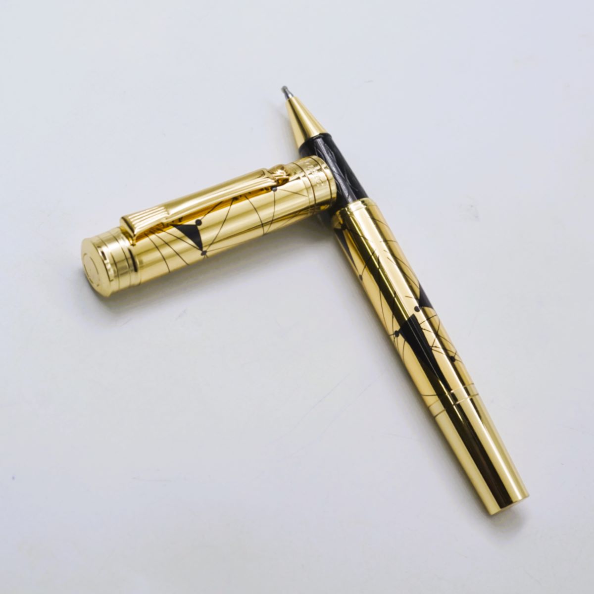 Dikawen 8066 Gold Color Body With Black Strips Cap Type Black Grip Roller Ball pen SKU 26790