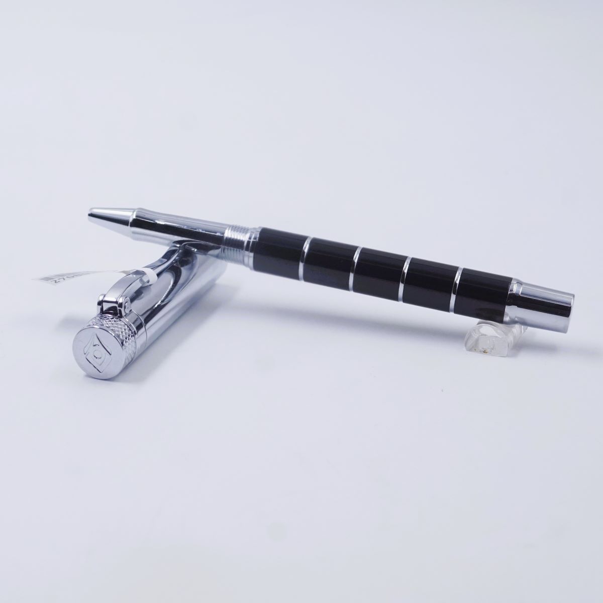 Intellio Glossy Black Body with white stirp Silver Cap  And Grip Roller Ball pen SKU 27080