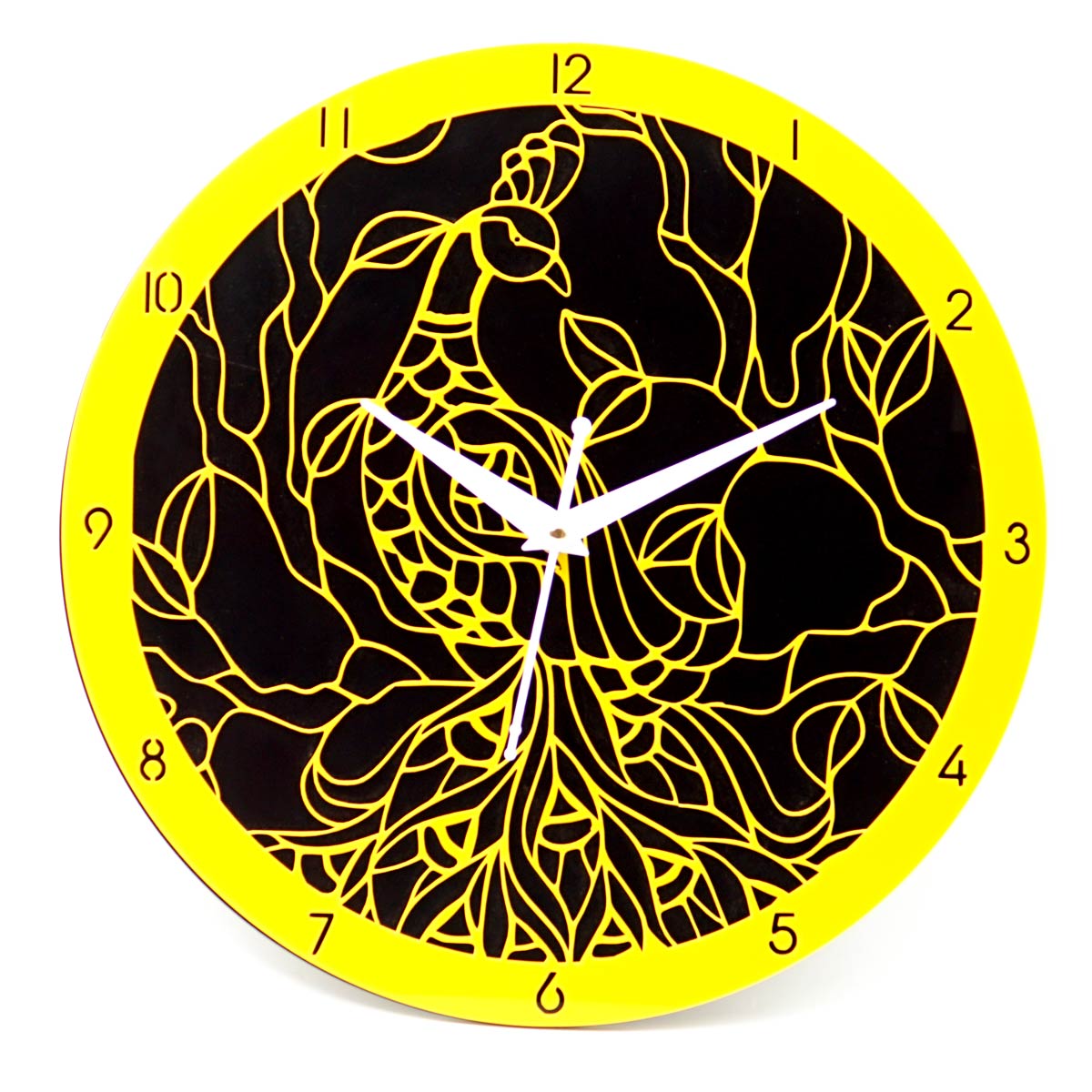 penhouse.in Customizable Acrylic Yellow With Black Color Peacock Design Wall Clock SKU  ACC042