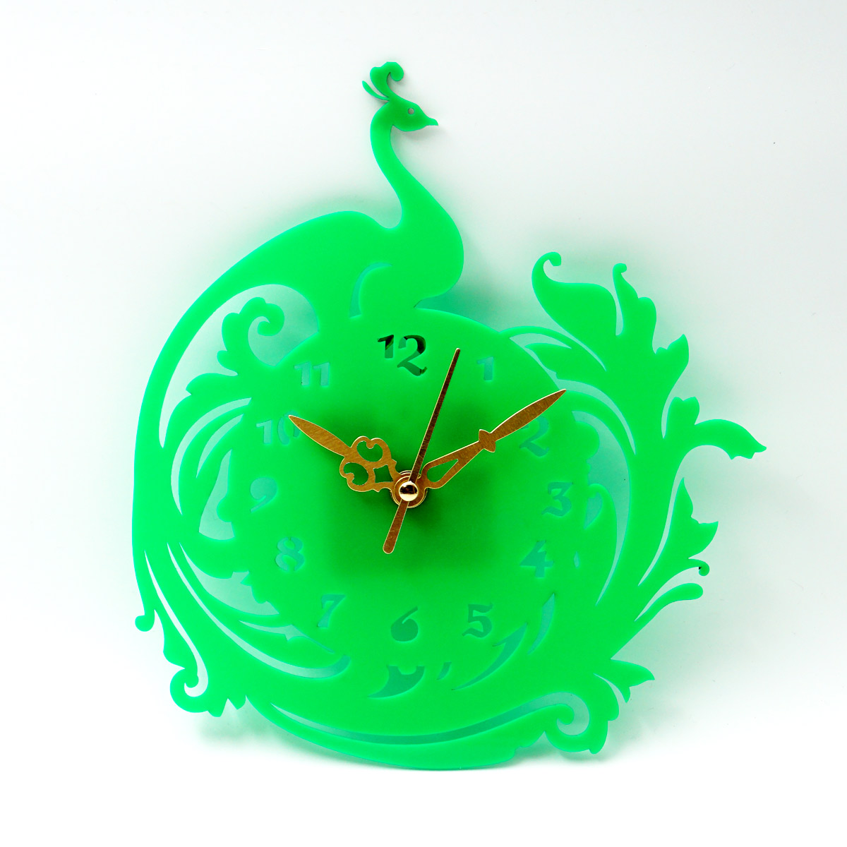 penhouse.in Customizable Acrylic Green Color Peacock Design Wall Clock SKU ACC039
