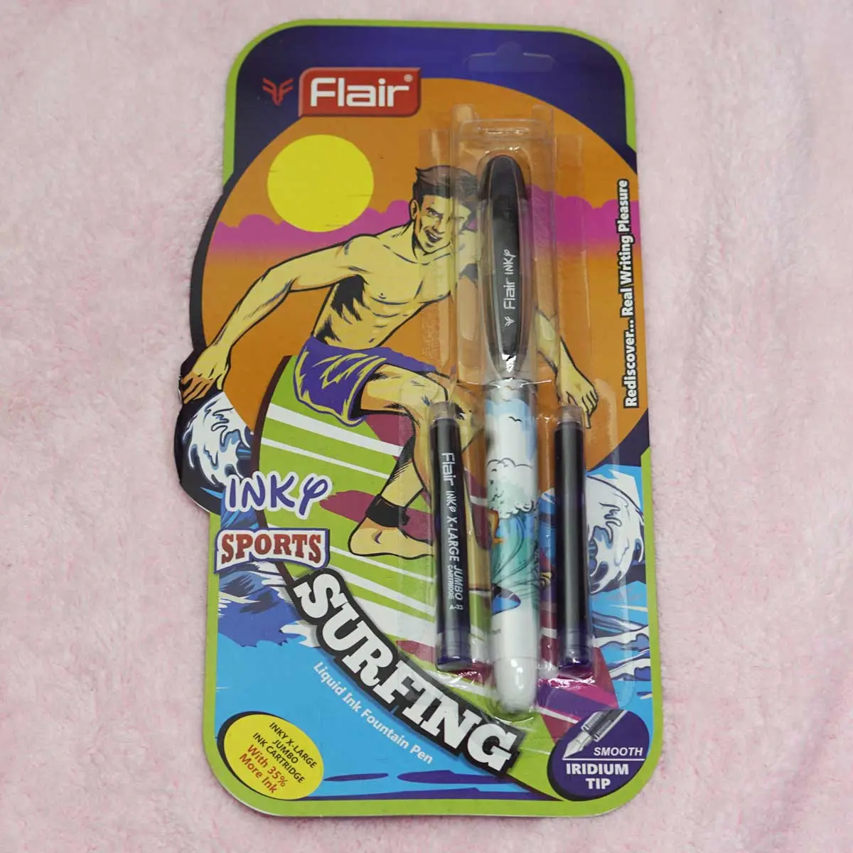 Flair Inky Sports Surfing White Designed Body With Black Color Cap Fine Nib  Jumbo Catridges Fountain Pen SKU 23585