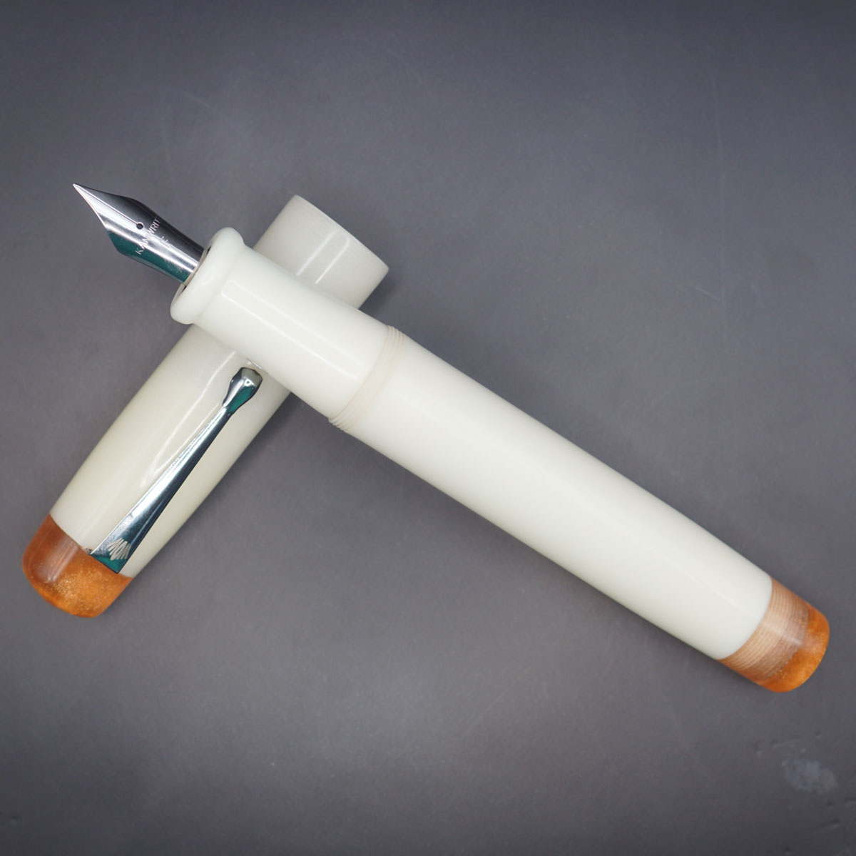 WOW Brand Model-1034A Thantham தந்தம் Handmade Resin White Color Body and Cap with Silver Clip Top and Bottom Resin Golden Color Glitter Eyedropper Plus Cartridge And Regular Converter Type Fountain Pen Kanwrite Jowo compatible Thread SKU 60162