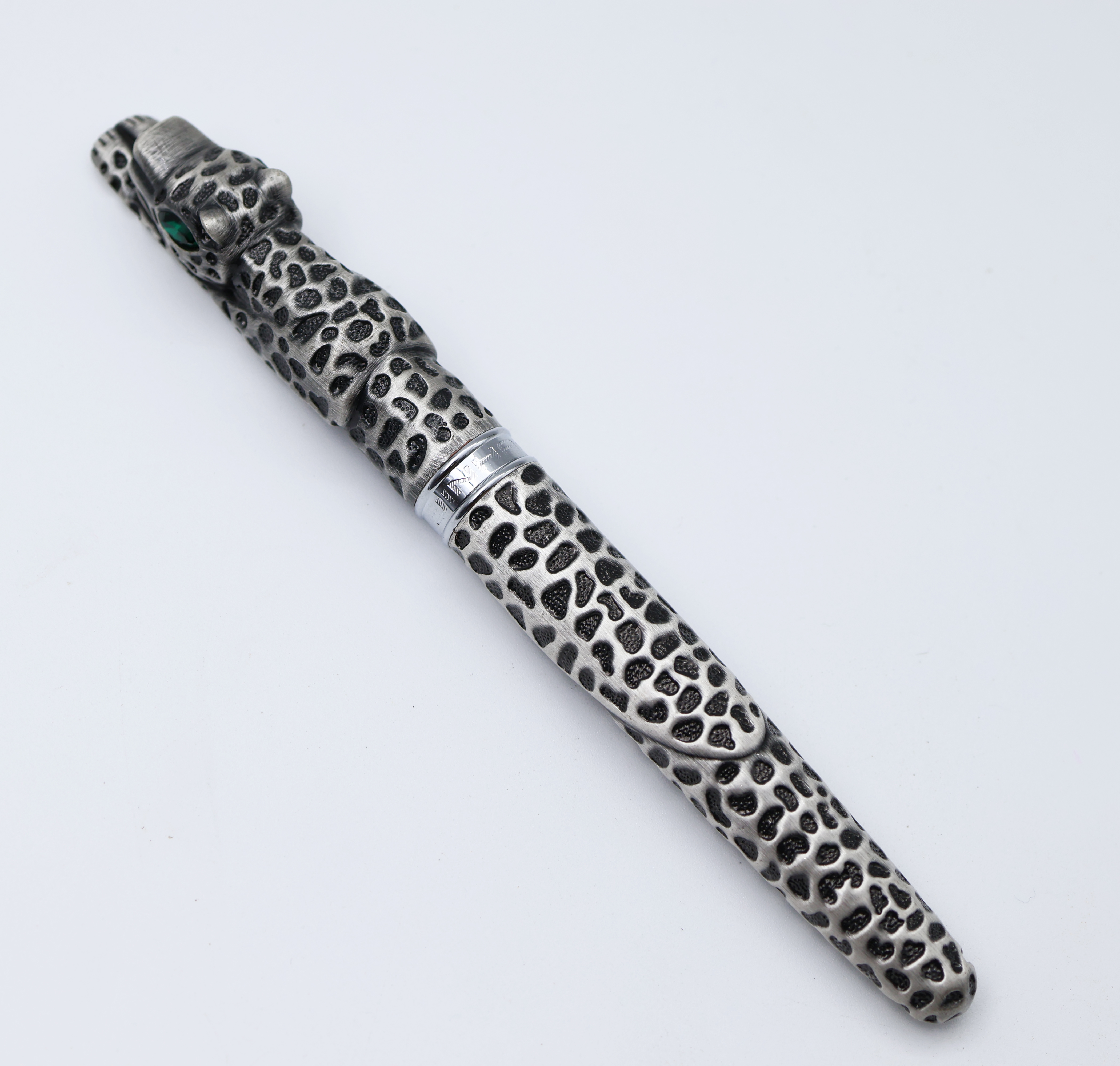 Jinhao Grey Leopard Panther Designed Body With Green Stone Eyes Medium Tip Roller Ball Pen SKU 24825
