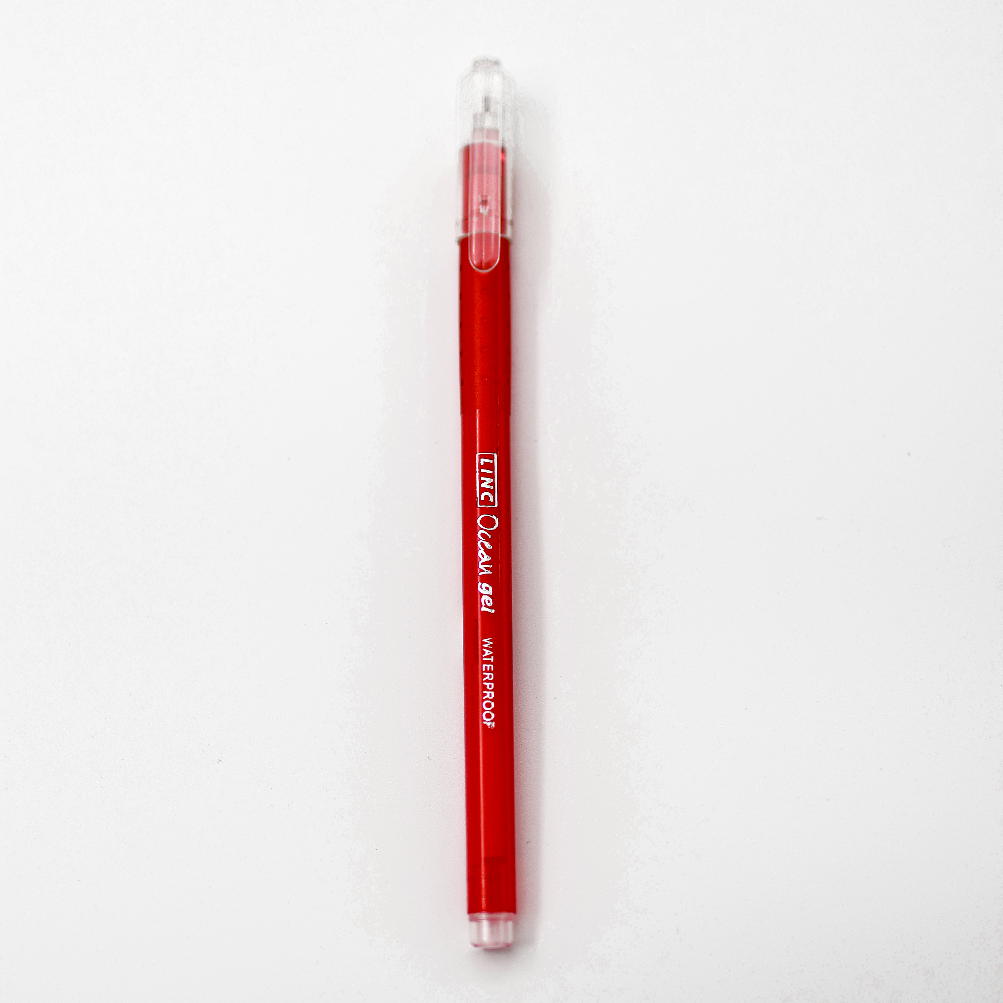 Linc Ocean Waterproof Red Color Body With Transparent Cap Red Writing Gel Pen SKU 24845