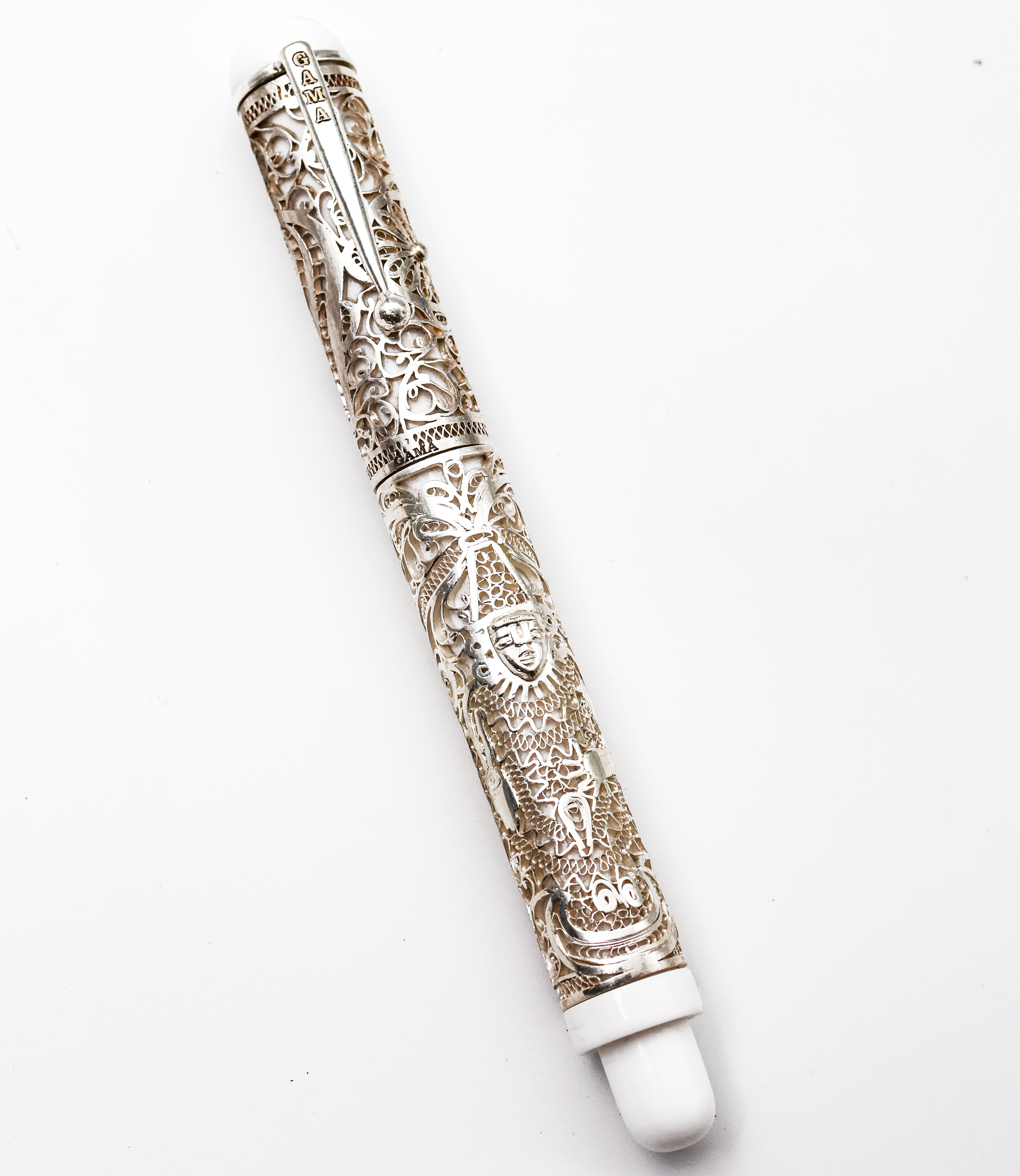 Gama Filigree Model Converter Type Fountain Pen has Fine Nib White Color Body With Original Silver Embedded LORD PERUMAL on The Barrel And Sudharan Chakra Conch Shell on The Cap SKU 24900