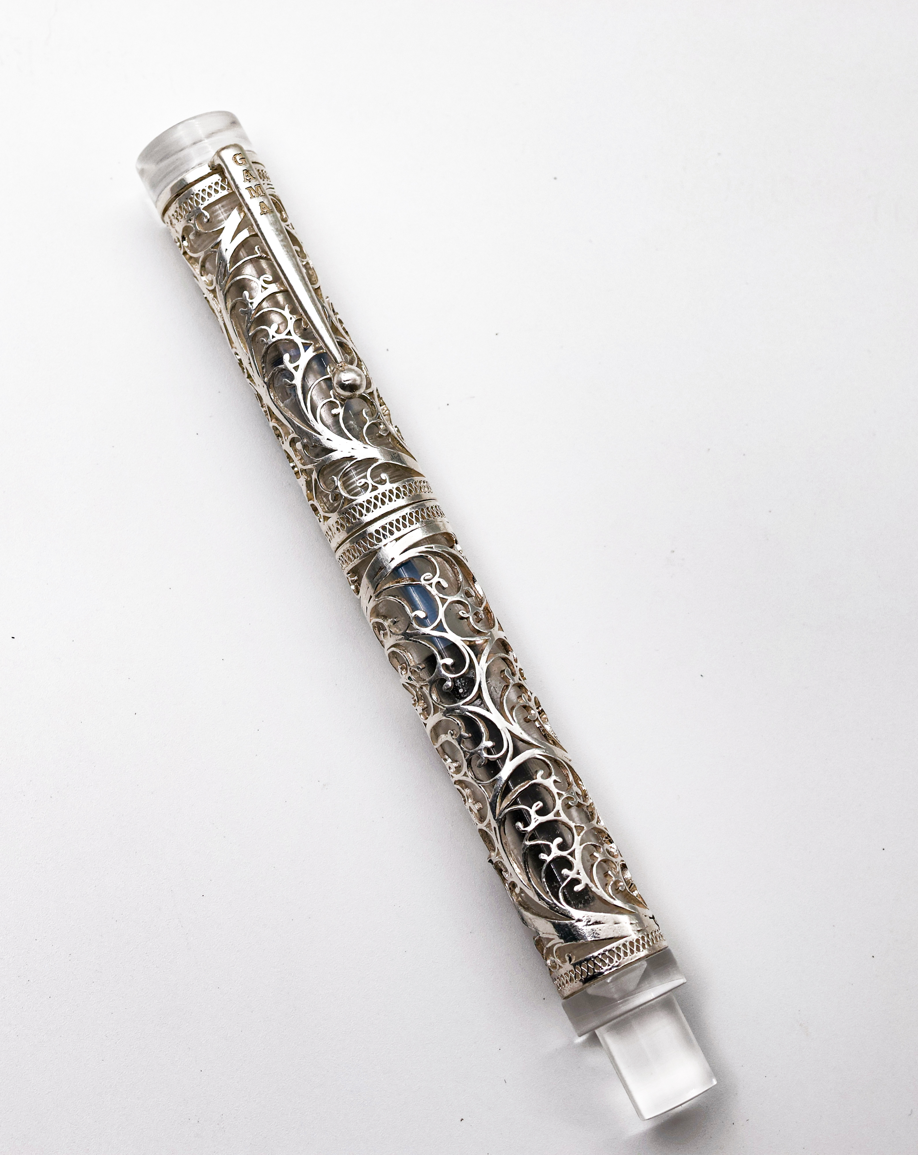 Gama Filigree Model Converter Type Fountain Pen has Fine Nib Demonstrator Body With Original Silver Plated Floral Designed Fountain Pen SKU 24898