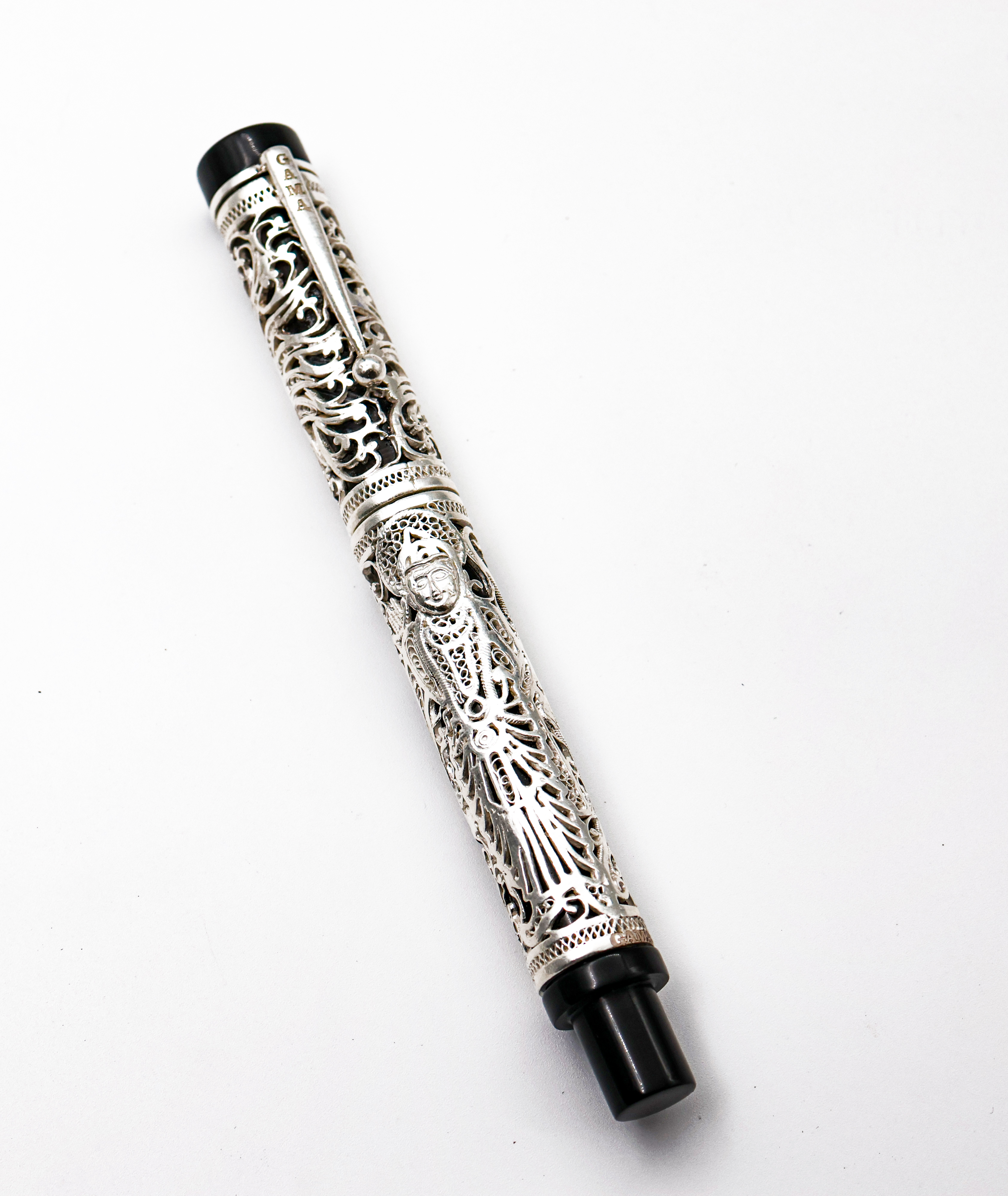 Gama Filigree Model Converter Type Fountain Pen has Fine Nib  LORD RAMA Designed in the barrel and OM On the Cap with Original Silver Plated body SKU 24897