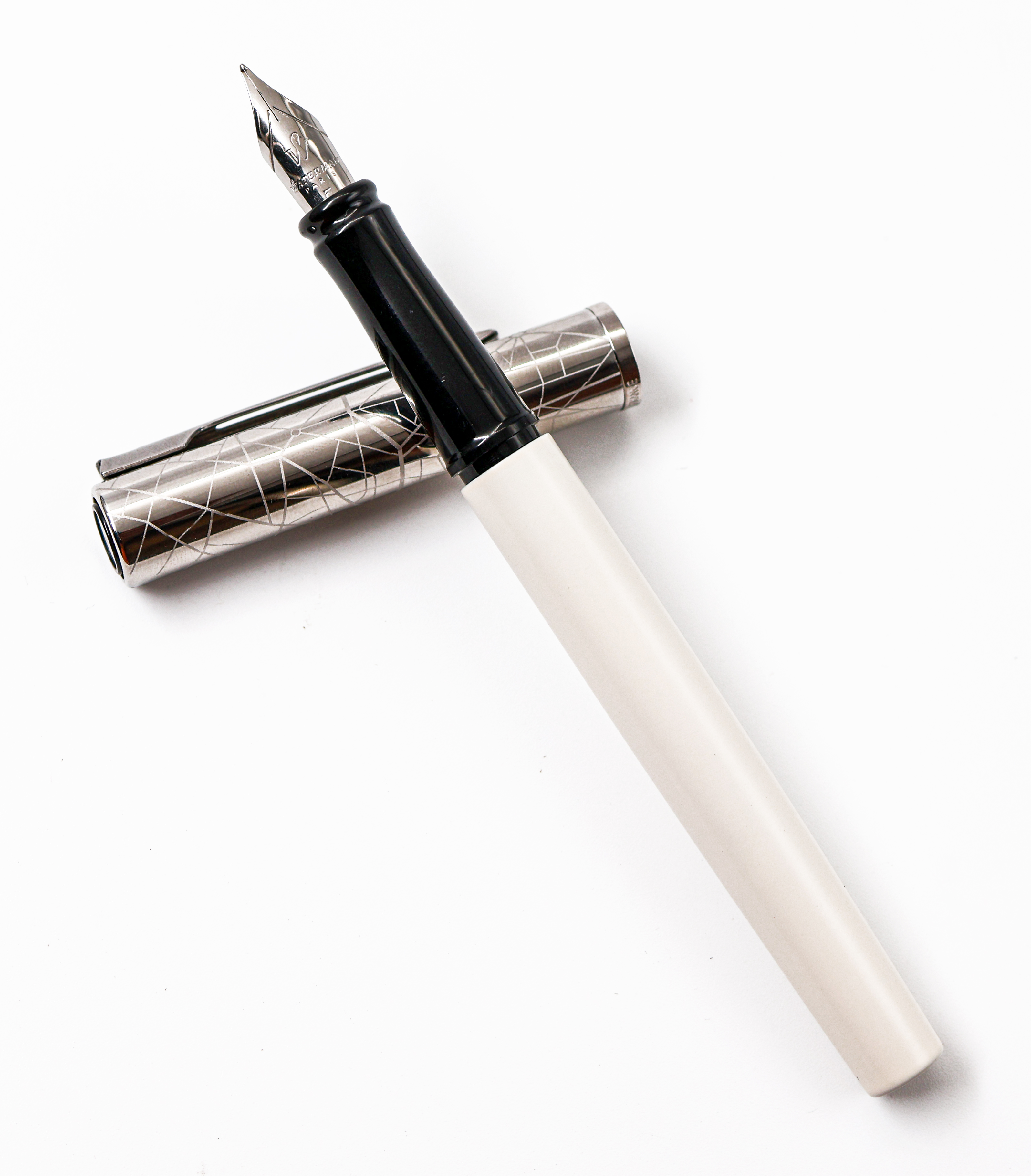 Waterman Allure Deluxe White Color Body With Sliver Cap Black Grip Fine Nib Converter Type Fountain Pen SKU 24963